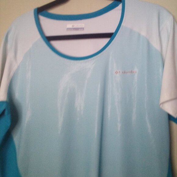 Columbia Shirt Women 1X Short Sleeve Active Athletic Omni-Shade Blue Teal White - Picture 14 of 16